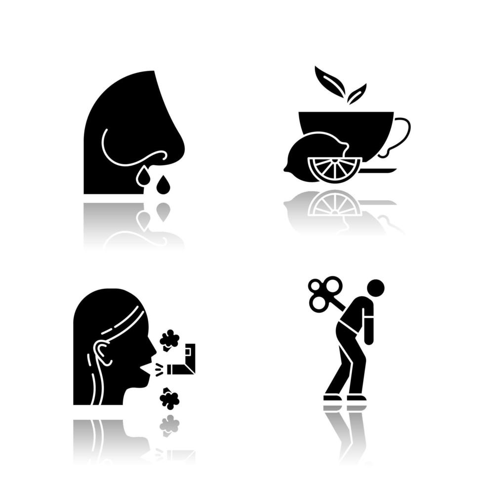 Erkältung Schlagschatten schwarze Glyphe Icons Set. tropfen nase. Tasse mit Zitronentee. respiratorische Inhalation. Ermüdung. Gesundheitswesen. Krankheit Hilfe. überarbeitet und müde. isolierte vektorillustrationen vektor