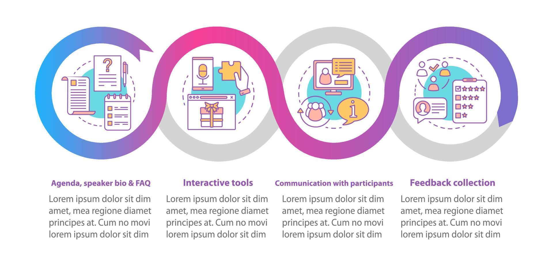 Event-App-Vektor-Infografik-Vorlage. interaktive Tools, Kommunikation mit den Teilnehmern. Datenvisualisierung mit vier Schritten und Optionen. Zeitachsendiagramm des Prozesses. Workflow-Layout mit linearen Symbolen vektor