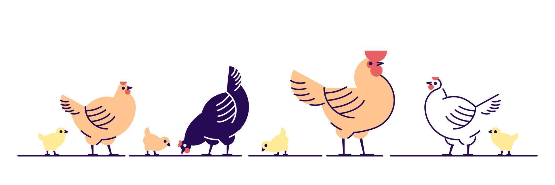 Hühner flachbild Vector Illustration. Mehrfarbige Küken, Hühner und Hahnkarikatur isolierte Gestaltungselemente mit Umriss. Hühnerfleischproduktion, Vogelzucht. Geflügelfarm, Tierhaltung
