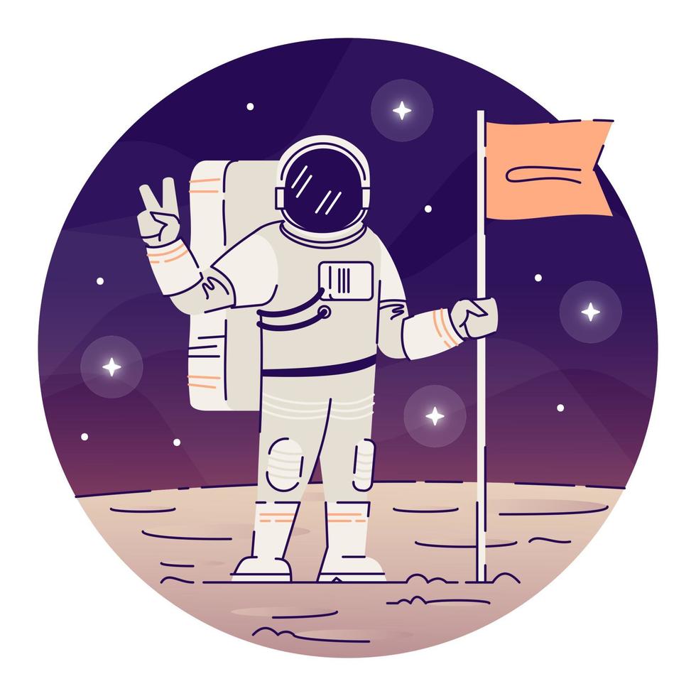 kosmonaut placera flagga på månen platt konceptikon. astronaut i rymddräkt som visar fredstecken klistermärke, clipart. främmande planet landning, utforskning av rymden isolerade tecknad illustration på vit bakgrund vektor