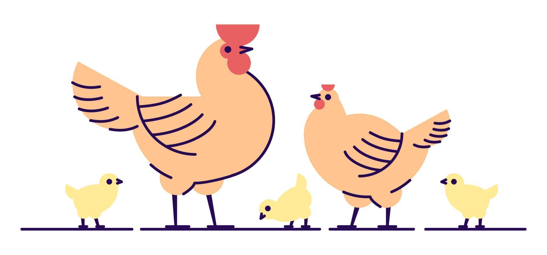 Hühnerfamilie flachbild Vector Illustration. isolierter orangefarbener Hahn, Henne und gelbe süße Küken. Hennery, Geflügelfarm, Vogelzucht-Cartoon-Design-Elemente mit Umriss. Herstellung von Hühnerfleisch