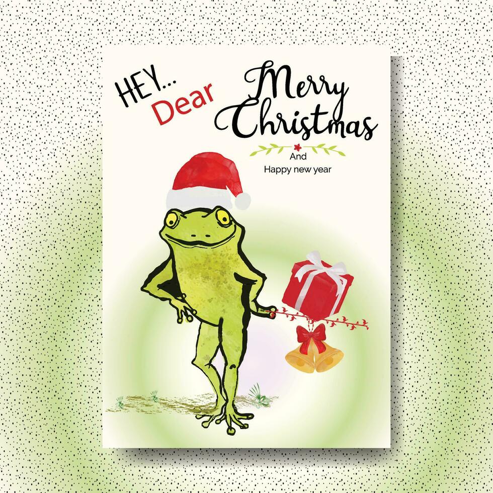 lustige Weihnachtskarte mit frechem Frosch, Aquarellvektor-Designschablone vektor