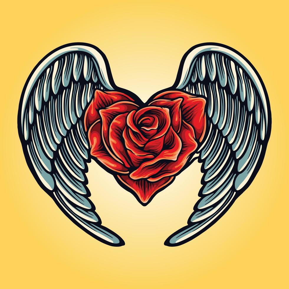 Engelsflügel mit Rose Herz Symbol Vektor Tattoo Illustrationen