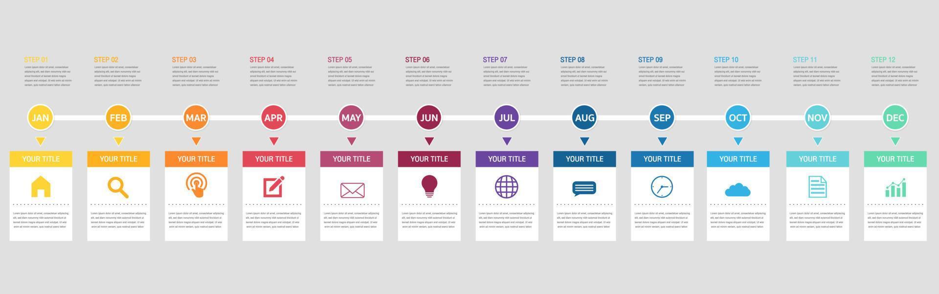 12 månader eller 1 års tidslinjeinfografik, tidslinjeinfografik för årsredovisning och presentation, tidslinjeinfografikdesignvektor och presentationsverksamhet. vektor