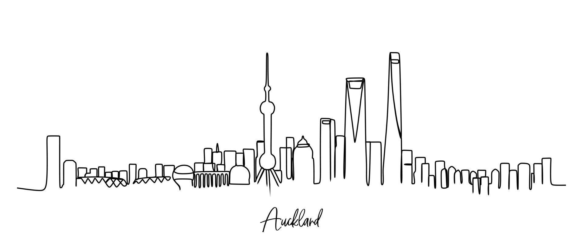 enda kontinuerlig linjeteckning Aucklands skyline, Nya Zeeland. berömda stadsskrapa landskapsvykort. världsresor destination koncept. redigerbara stroke moderna en rad rita design vektorillustration vektor