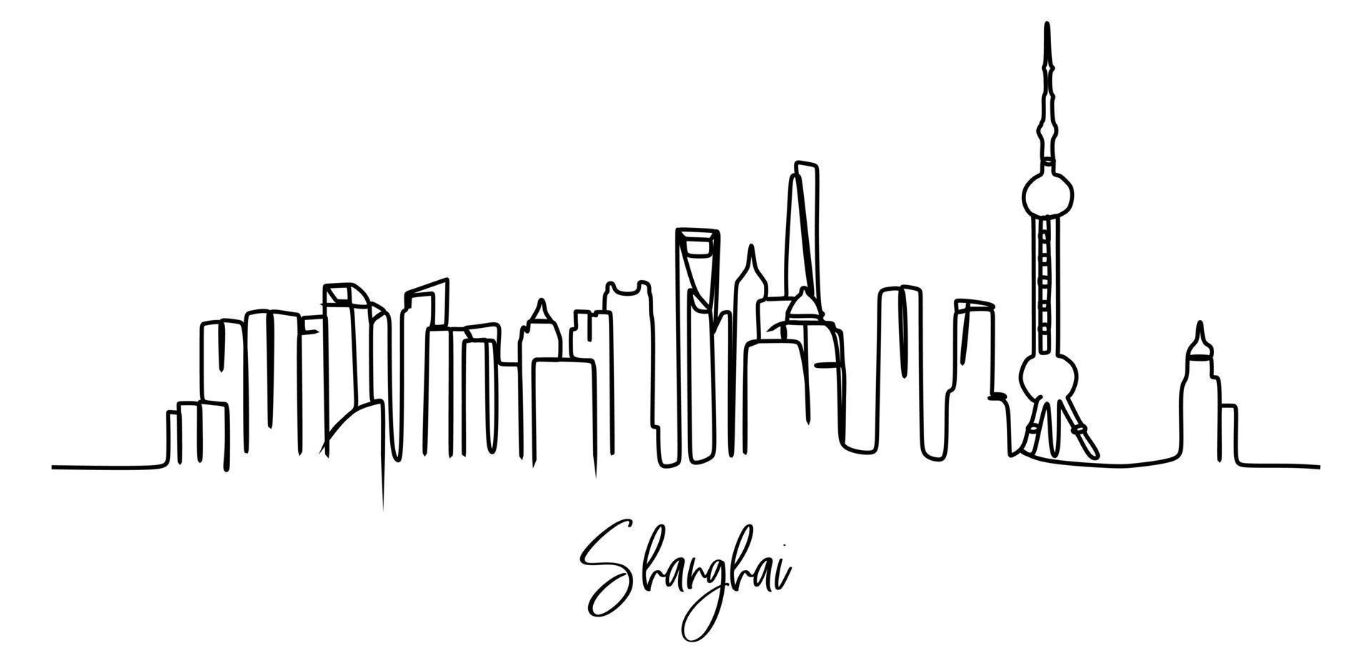 eine berühmte shanghai-skyline-stadt. kontinuierliche einzeilige zeichnung vektor