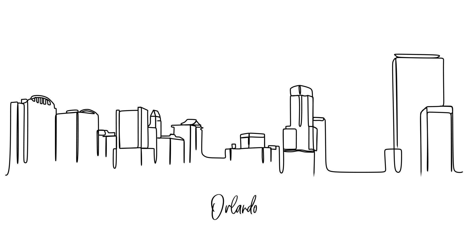 Eine einzige Strichzeichnung der Skyline von Orlando, Florida. historische Stadtlandschaft der Welt. bestes Urlaubsziel. Bearbeitbarer Strich trendige durchgehende Linie zeichnen Design-Vektor-Illustration vektor
