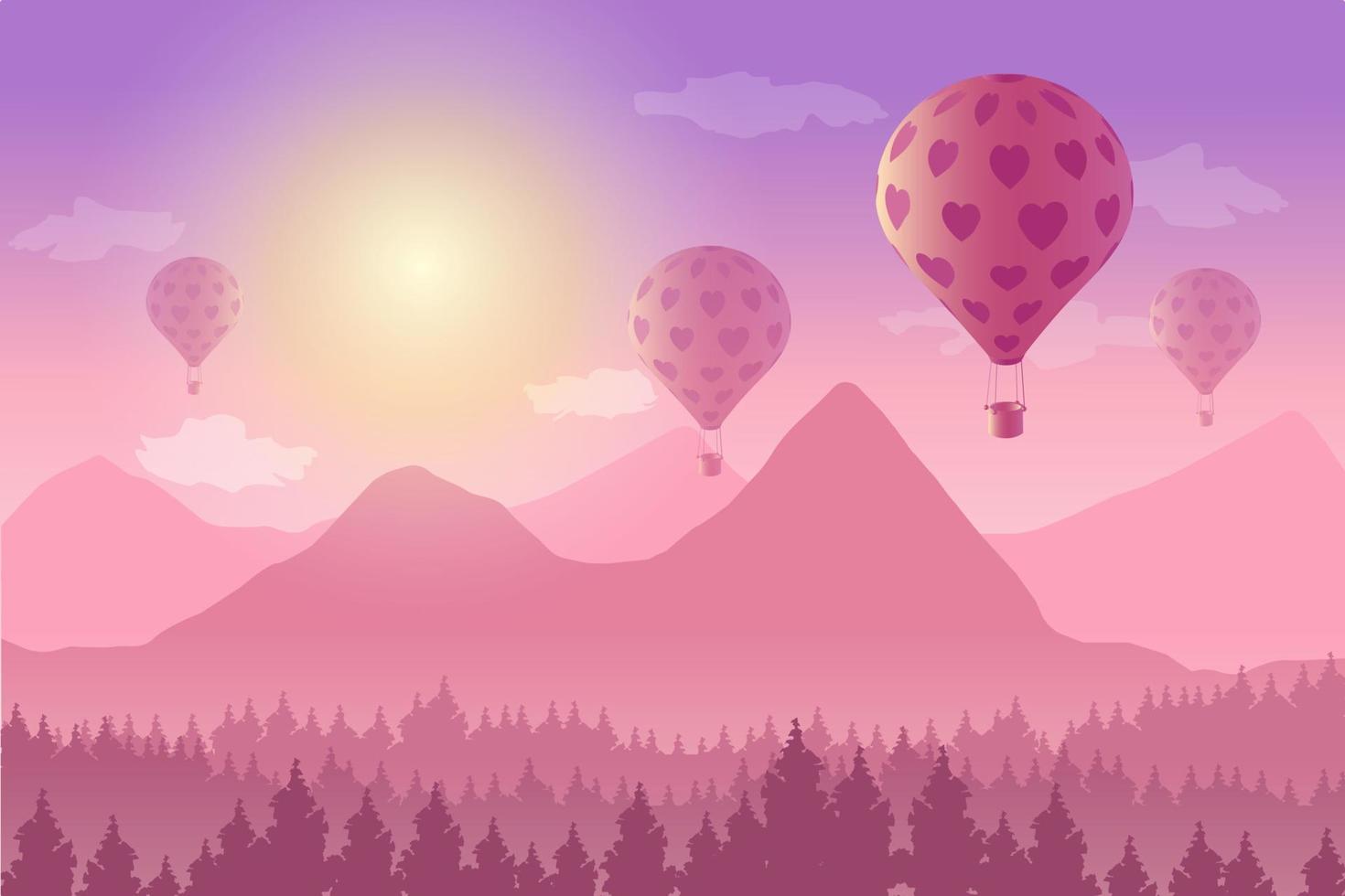 vektor illustration av landskap med luftballong ovanför bergen i solnedgången. romantisk, kärlek, alla hjärtans koncept.
