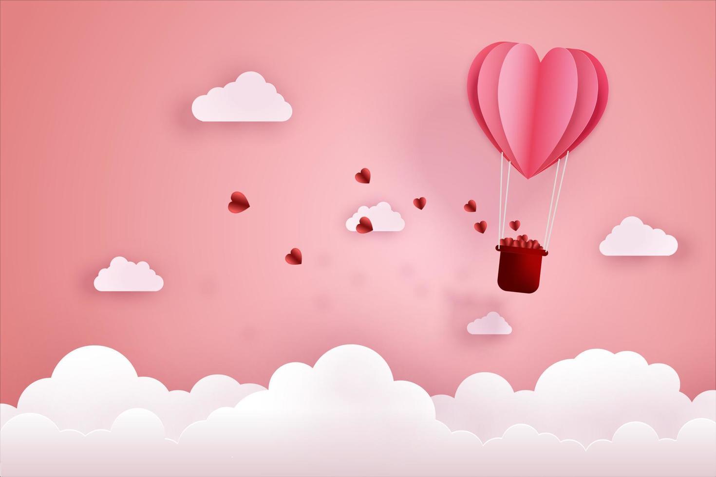 Papierschnittkunst und digitaler Handwerksstil der Liebe und des Valentinsgrußkonzepts. Origami des Heißluftballons, der über Himmel und Wolken mit schwebenden Herzen fliegt. vektor