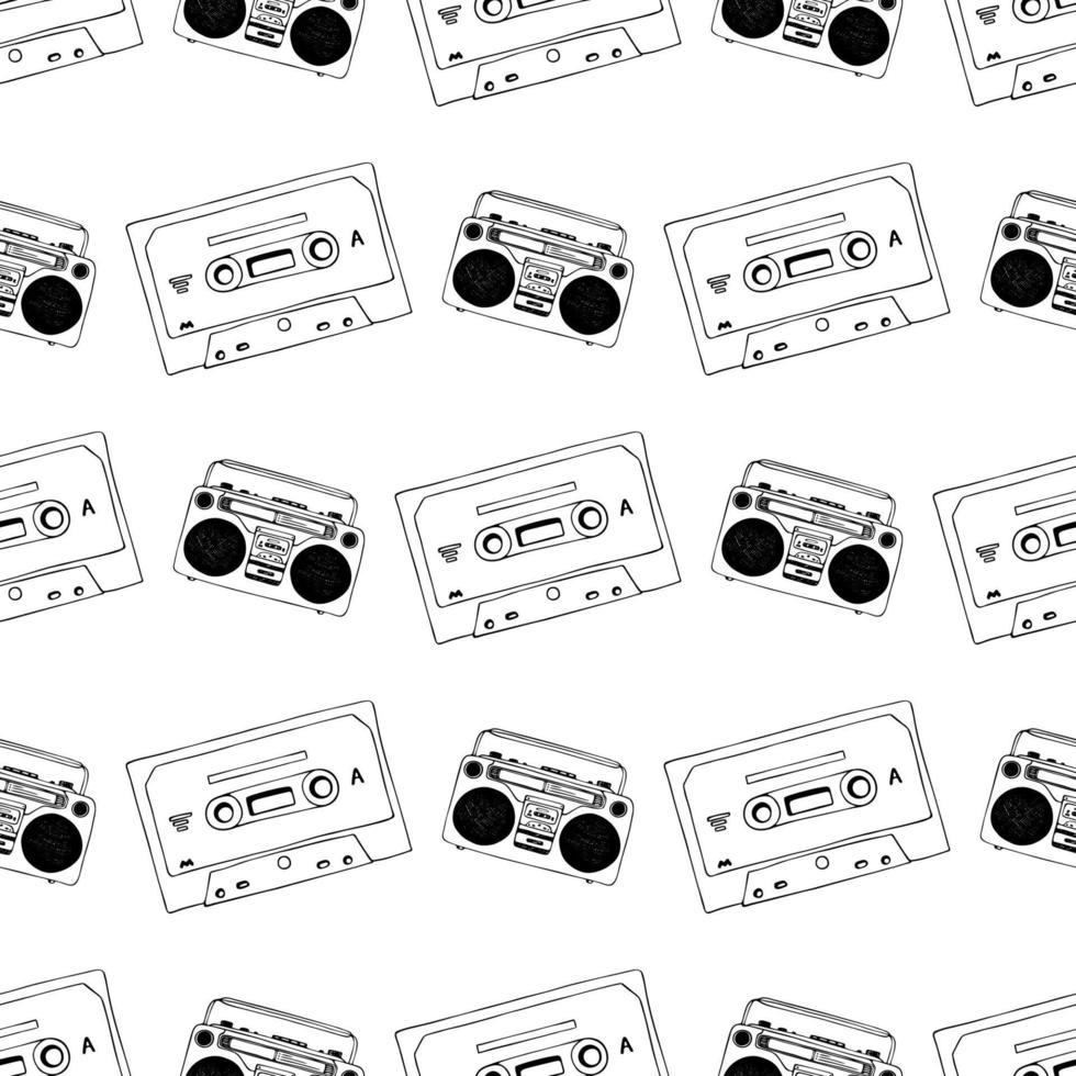 handgezeichnete Kassette, Mixtape und Vintage Retro-Plattenspieler nahtloses Muster, schwarz-weißer Cartoon-Doodle-Hintergrund für Musiktechnologie oder Audiogeräte vektor