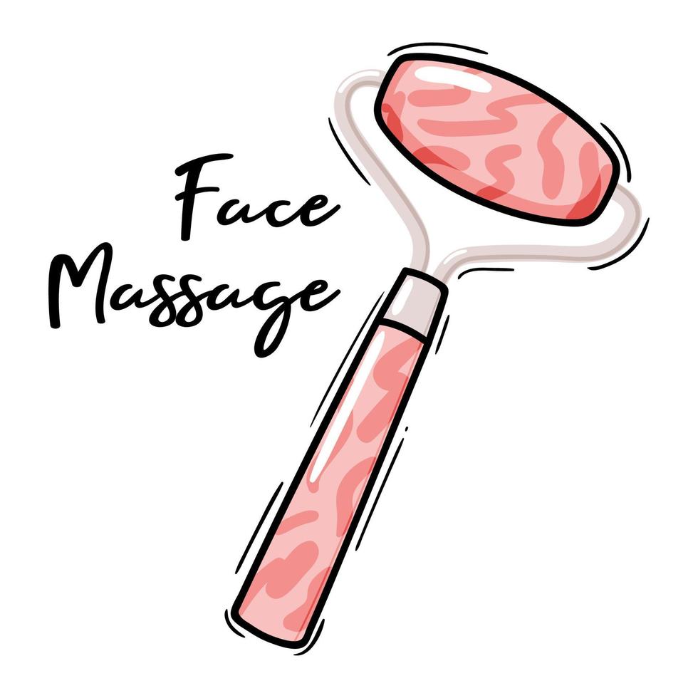 jade massage rosa rosé kvarts roller ikon illustration, ansiktsbehandling gua sha sten massager och bokstäver, akupunktur verktyg för ansiktslyftning och anti-aging, realistisk doodle vektor clipart isolerad på vitt