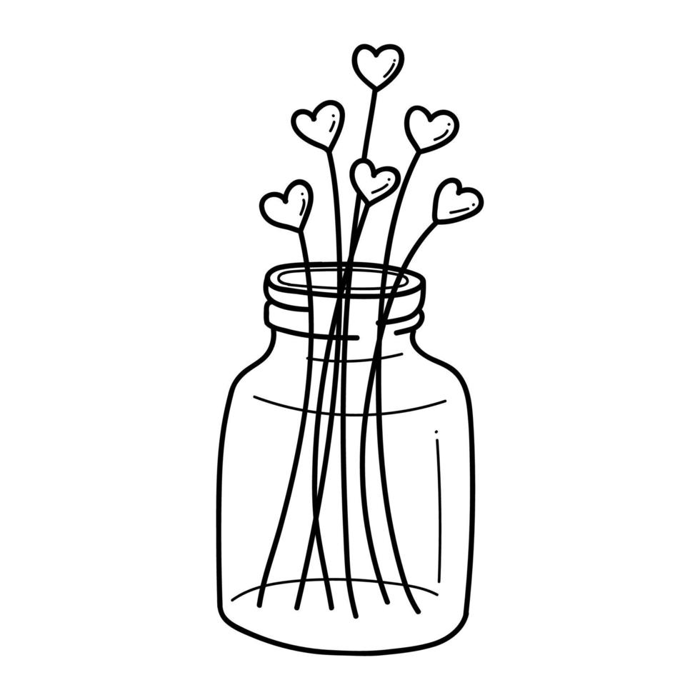 Valentinstag-Grußkarte im Doodle-Umriss-Stil mit Herzen in einer Vase isoliert auf weiß vektor