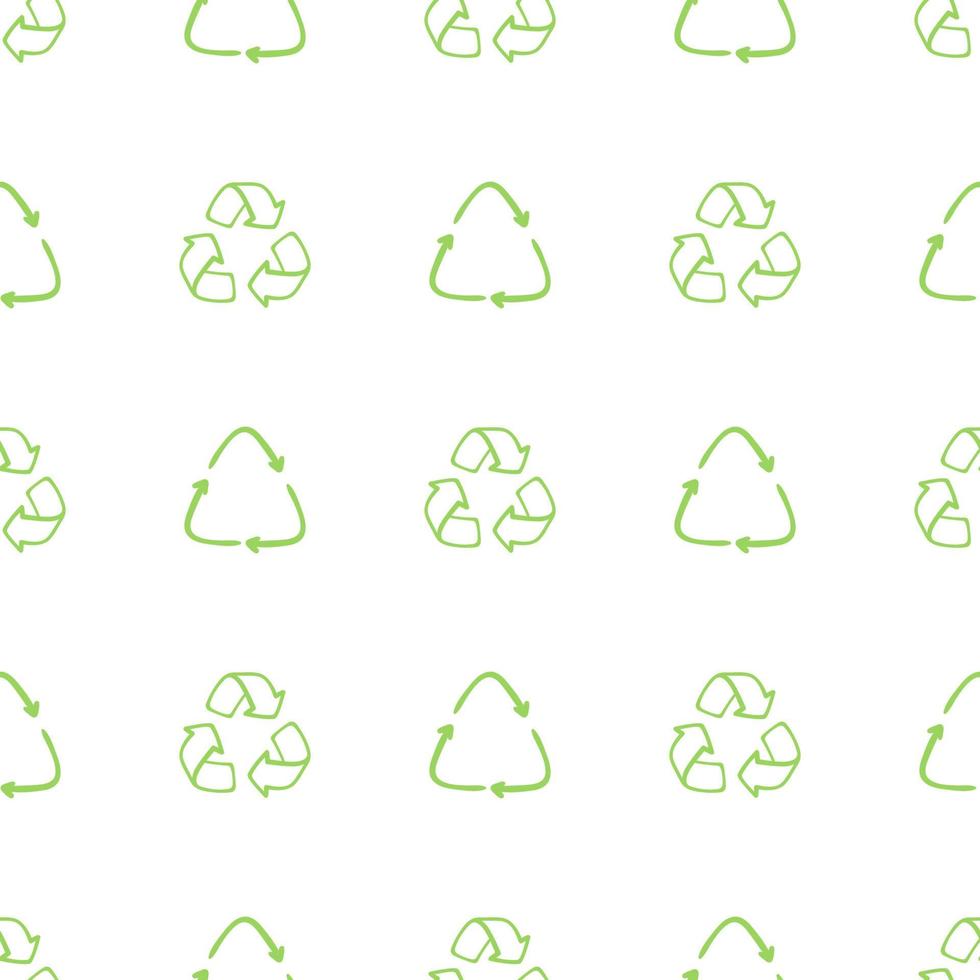 nahtlose Öko-Muster. drei pfeile eco recyceln. Ornament Doodle auf weißem Hintergrund wiederverwenden. grüne flache vektortapete. Zero Waste Ökologie Kreis vektor
