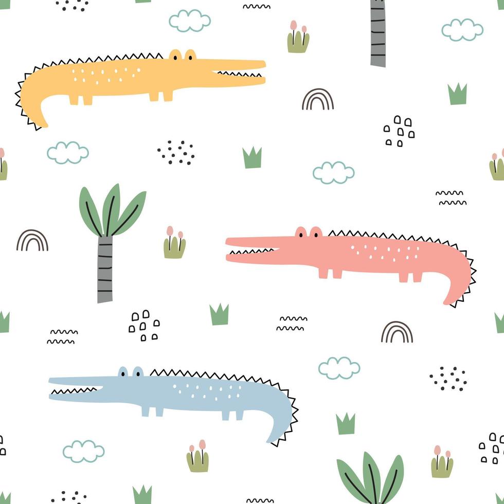 baby seamless mönster tecknad bakgrund med krokodil och träd handritad design i barn stil, användning för tryck, tapeter, tyg, textil. vektor illustration
