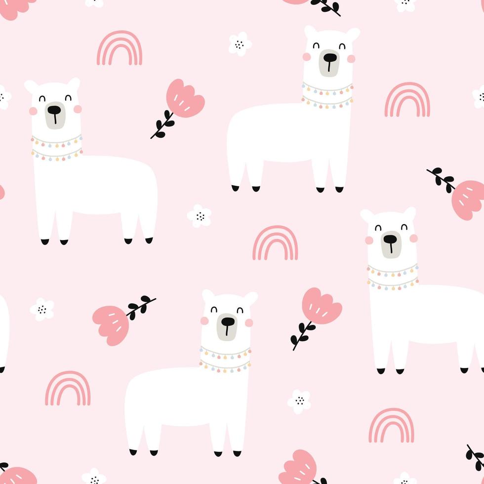 Baby nahtlose Muster Tier Cartoon Hintergrund Lama mit Blumen auf rosa Hintergrund handgezeichnetes Design im Kinderstil. verwendet für den Druck, Tapetendekorationsvektorillustration vektor