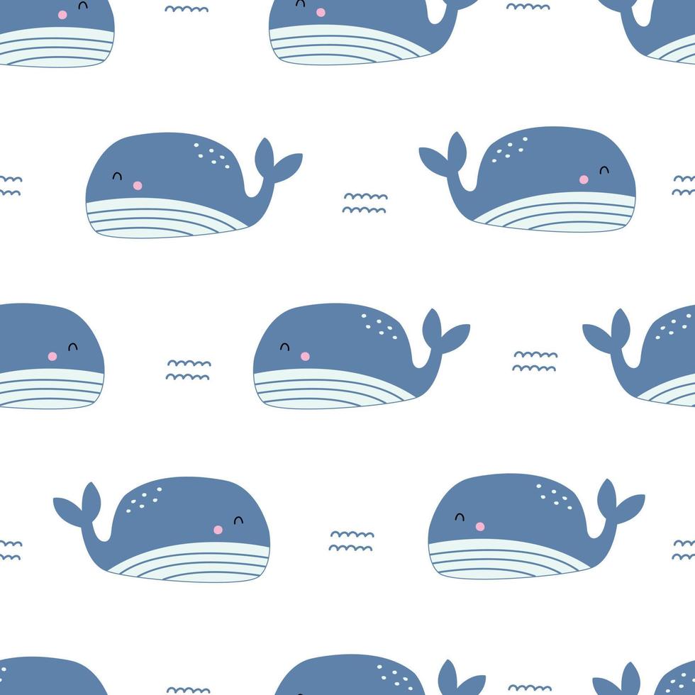 Blauwal Musterdesign Meer Tier Hintergrund für Kinder. handgezeichnetes Design im Cartoon-Stil. Verwendung für Textilien, Drucke, Tapeten, Vektorillustrationen. vektor
