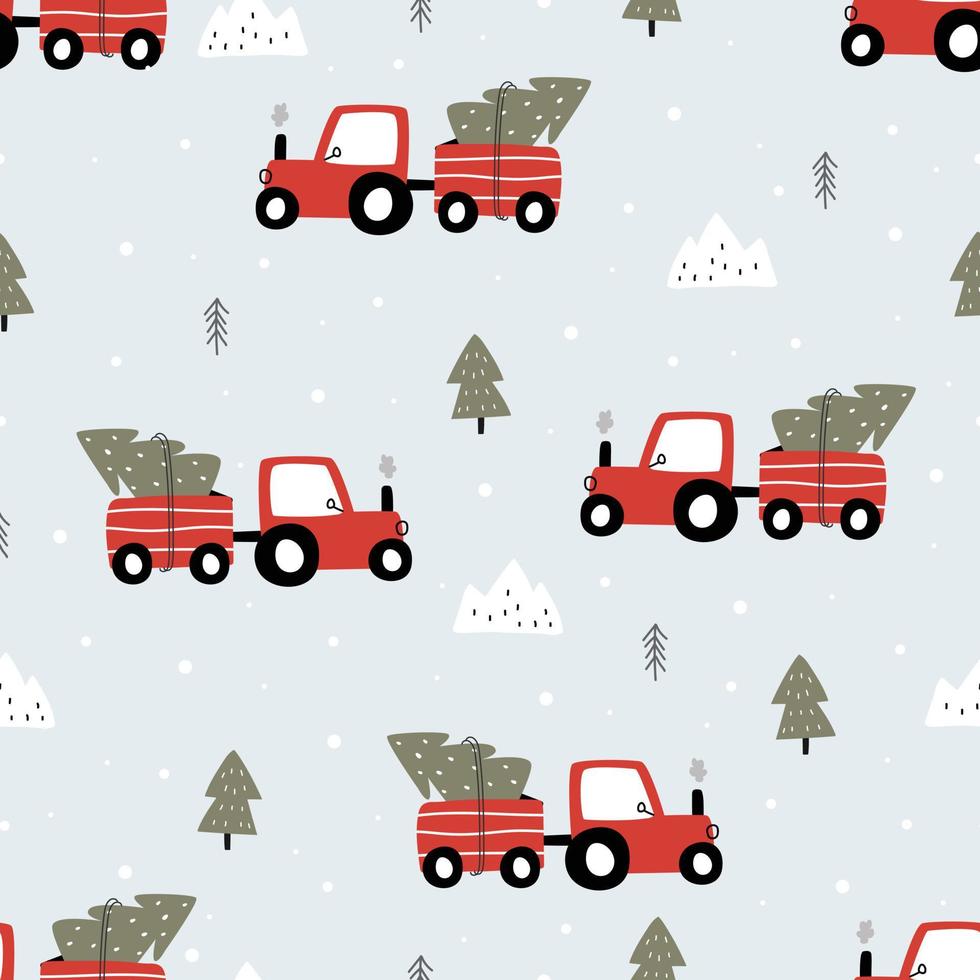 seamless mönster röd traktor med julgran design som används för tryck, tapeter, dekoration, textil vektorillustration vektor