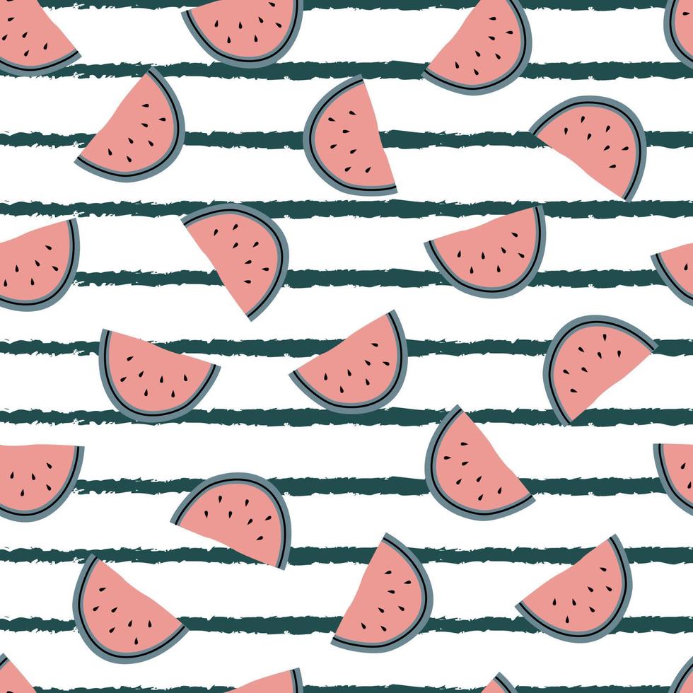 tropisk frukt vattenmelon sommar sömlösa mönster på randig bakgrund handritad design i tecknad stil vektor