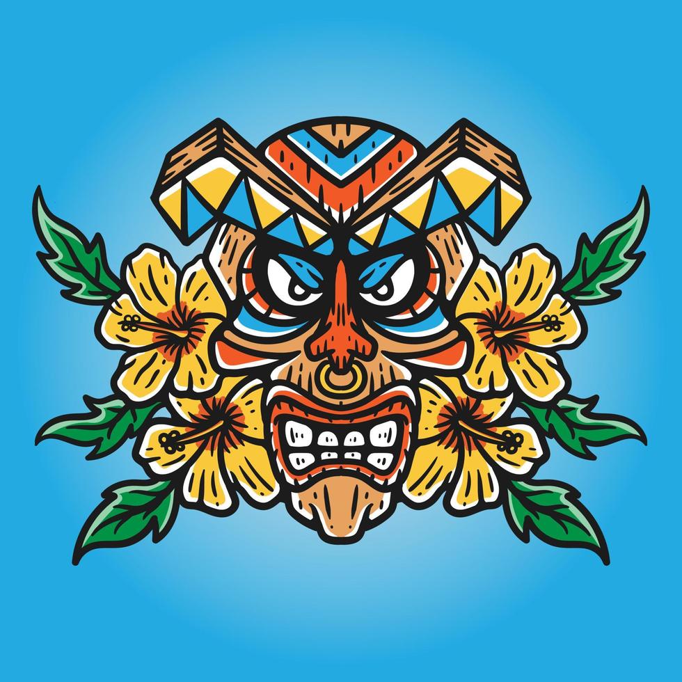 Illustration der schädelförmigen Tiki-Maske mit Hibiskusblüten vektor