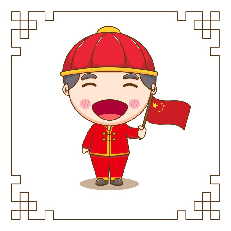 süßer chinesischer Junge, der Flagge Chibi-Cartoon-Figur hält. flache Designillustration vektor