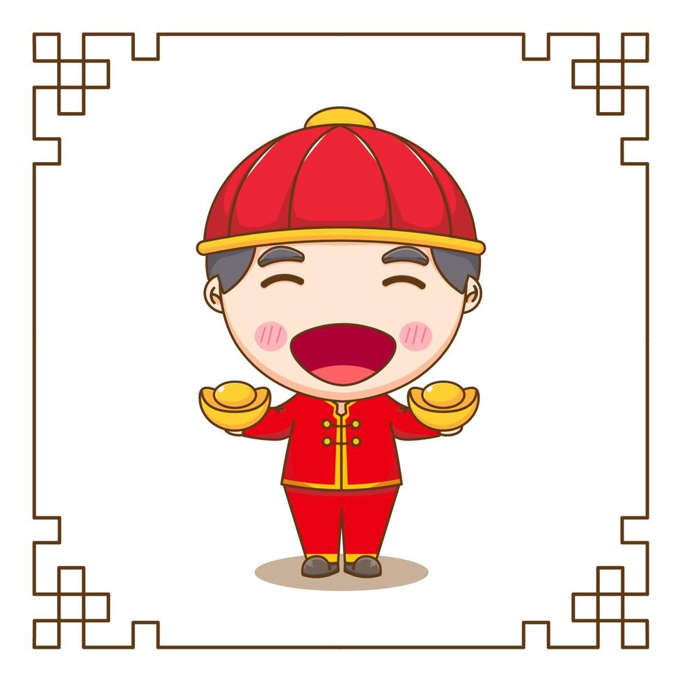 Süßer chinesischer Junge, der Barrengold-Chibi-Cartoon-Figur hält. flache Designillustration vektor