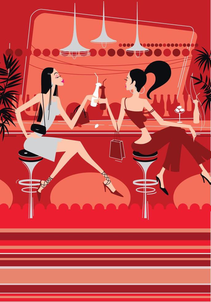 Zwei schöne Mädchen trinken Cocktails in einem Nachtclub. Glamouröse junge Frauen sitzen in einer Bar. Illustration für den Hintergrund. Bild zum Drucken, Banner oder Website. Vektor-Hintergrund. vektor