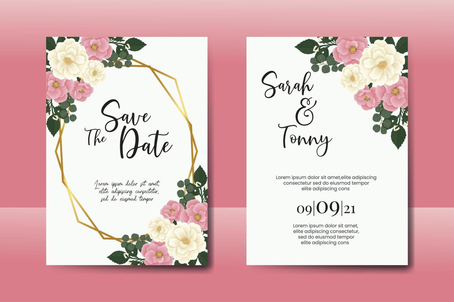 Hochzeitseinladungs-Rahmen-Set, Blumenaquarell digitale handgezeichnete rosa Mini-Rosen-Blumen-Design-Einladungskarten-Vorlage vektor