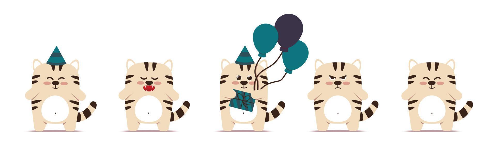 Satz süße kleine weiße Tigerkatzen in einem flachen Stil. ein Tier mit Luftballons steht mit einem Geschenk in einer Schachtel und einer Mütze. alles gute zum geburtstag und feiertagsgrüße. für kinderzimmer, dekor. Vektor-Illustration. vektor