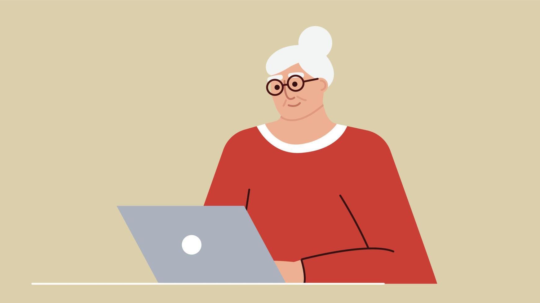 Seniorin studiert und studiert moderne Technologien mit einem Laptop. eine positiv lächelnde oma sitzt am computer, kommuniziert online im internet und lernt neue dinge. ein Erwachsener arbeitet. vektor
