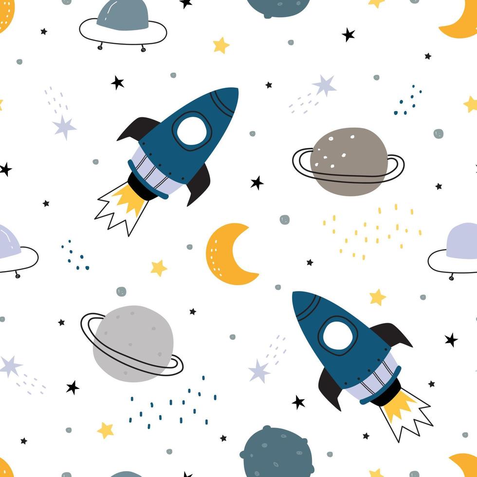 Raumhintergrundillustration mit Sternen und Raketen nahtloses Vektormuster handgezeichnet im Cartoon-Stil für Druck, Tapete, Dekoration, Stoff, Textil. vektor