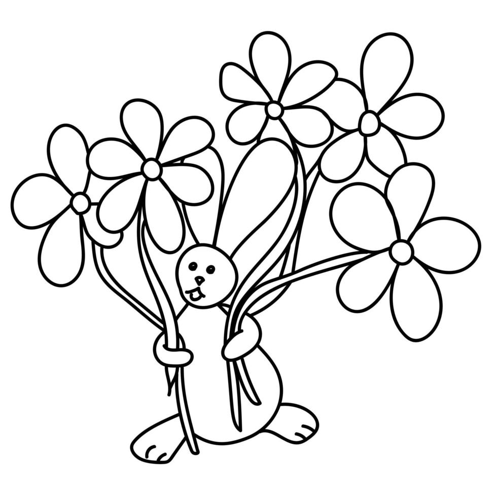kanin med en bukett, målarbok för klasser eller påskkort vektor