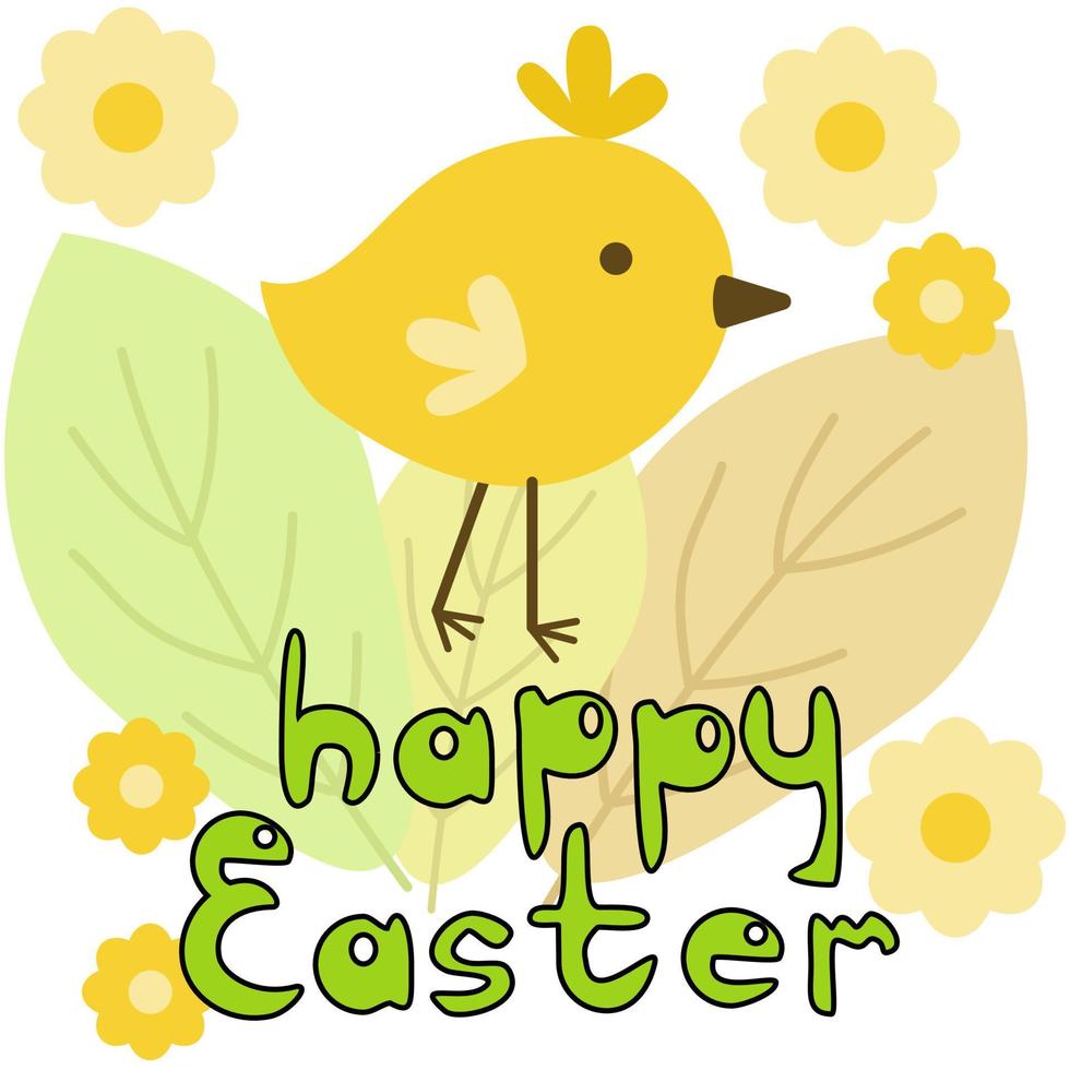 Frohe Ostern-Grußkarte mit gelbem Huhn, zarten Blättern, leuchtenden Blumen und thematischer Inschrift vektor