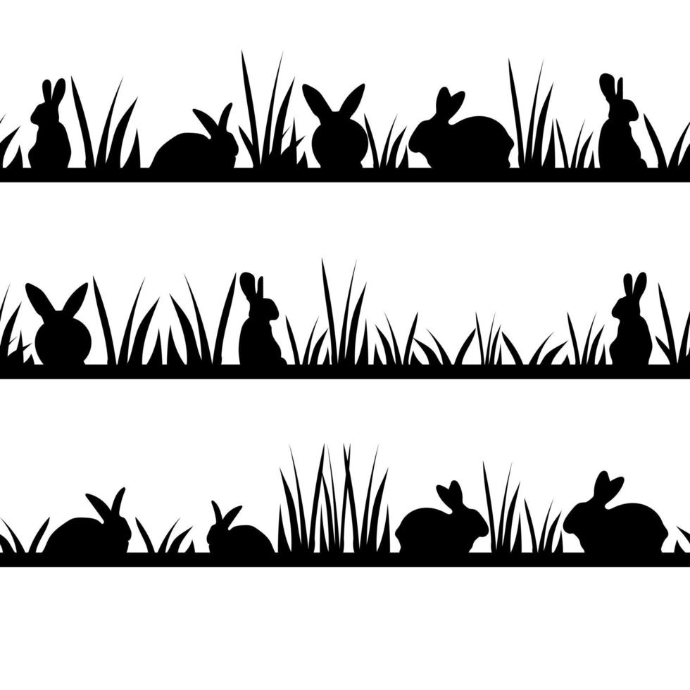 uppsättning bårder med silhuetter av kaniner i gräset, påskdekor med konturerna av örondjur vektor
