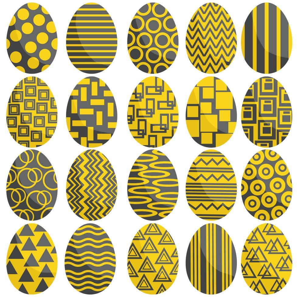 Set Ostereier in Grau-Gelb-Tönen, Urlaubsattribute mit bunten Mustern vektor