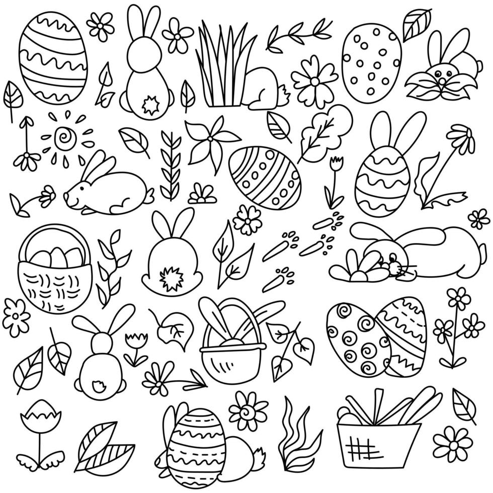 Set von Oster-Doodles-Hasen, Attribute von Ostereiern, Körben, Blumen und Blättern, Malvorlagen mit süßen kleinen Tieren vektor
