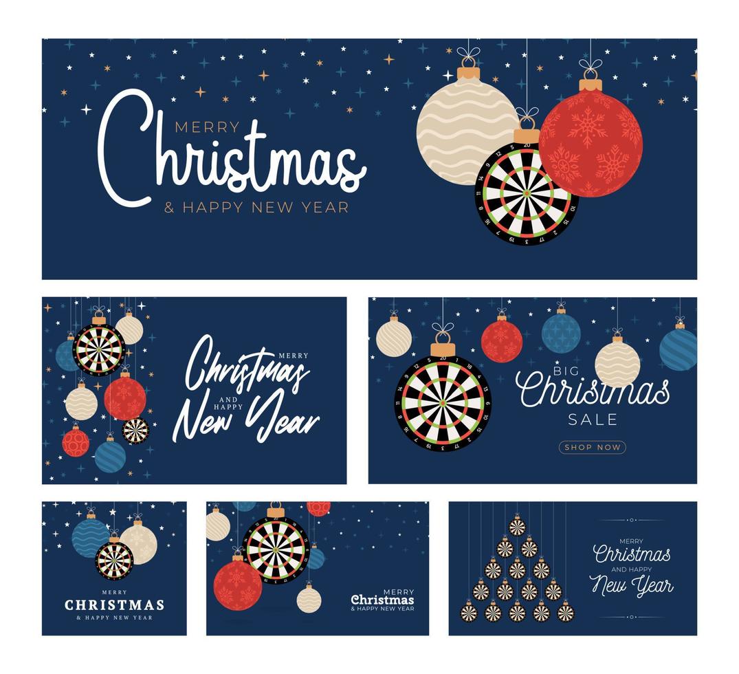 Dart-Weihnachtskartenset. frohe weihnachten sport flache grußkarte. Hängen Sie an einer Faden-Dartscheibe als Weihnachtskugel und Farbkugel auf blauem Hintergrund. Sport-Vektor-Illustration-Sammlung. vektor