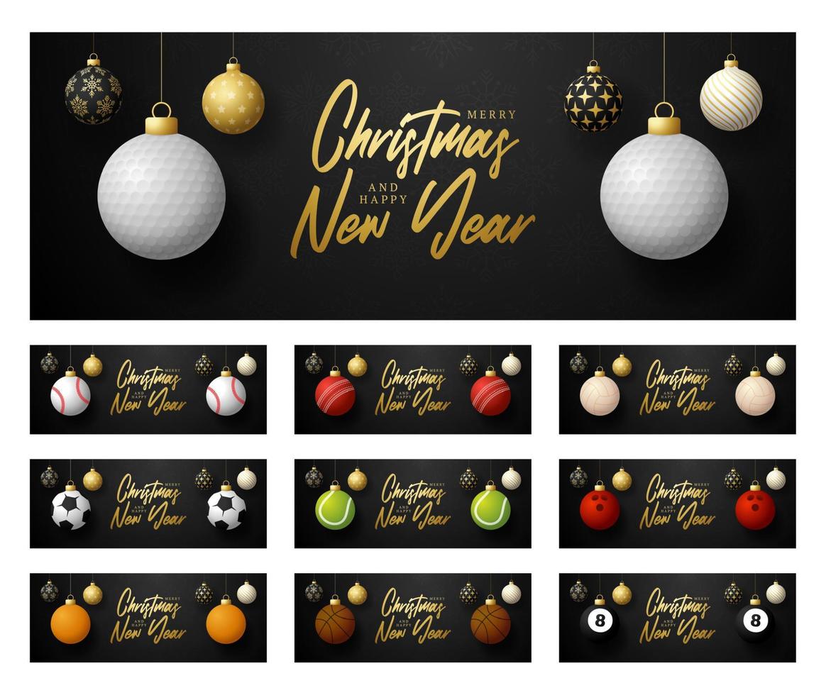 sport jul och gott nytt år lyx banner set. samling av julhälsningskort med sportboll som en julboll på svart bakgrund. vektor illustration set