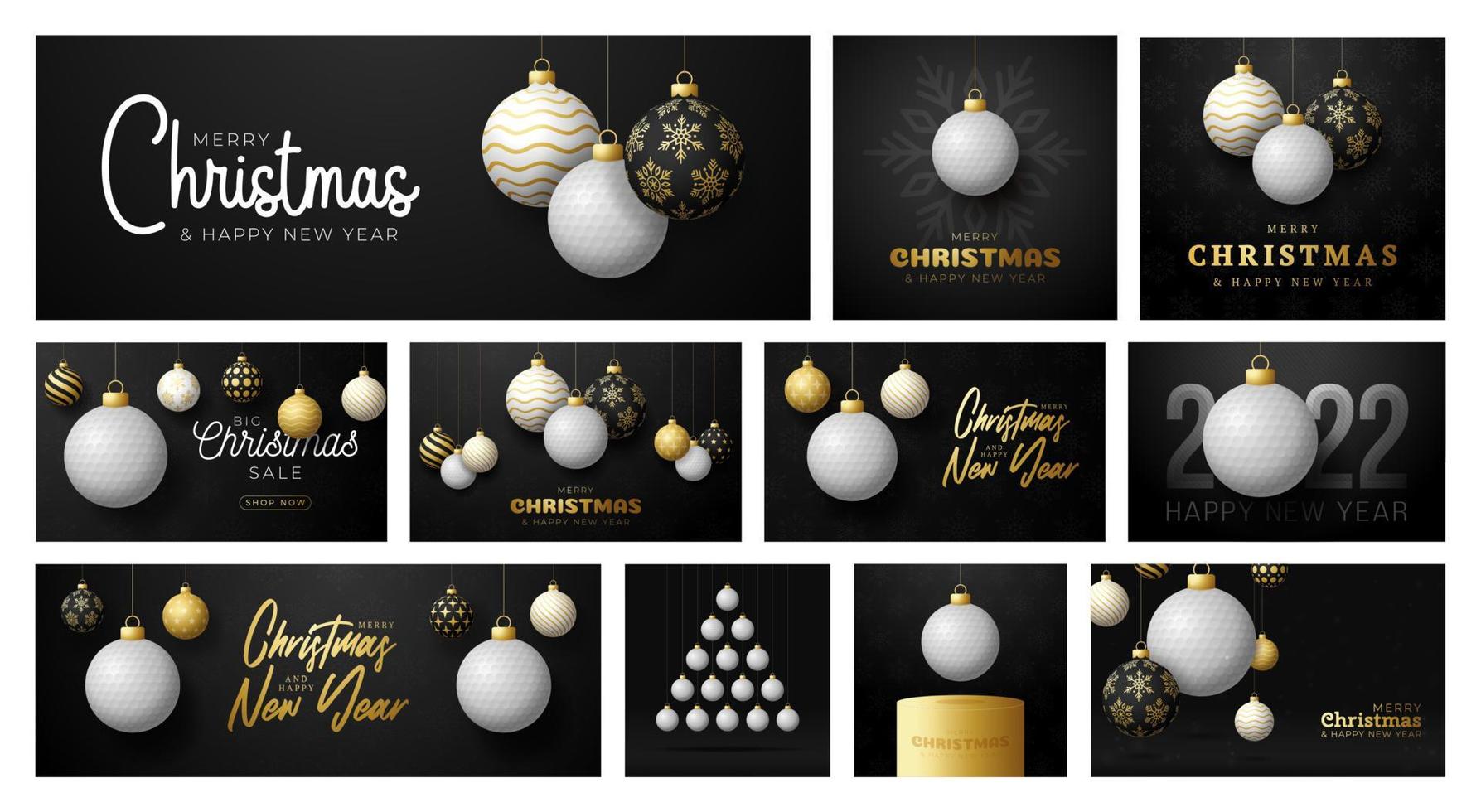 Golf-Weihnachtskartenset. frohe weihnachten sportgrußkarte. Hängen Sie an einem Fadengolfball als Weihnachtsball und goldener Kugel auf schwarzem Hintergrund. Sport-Vektor-Illustration-Sammlung. vektor