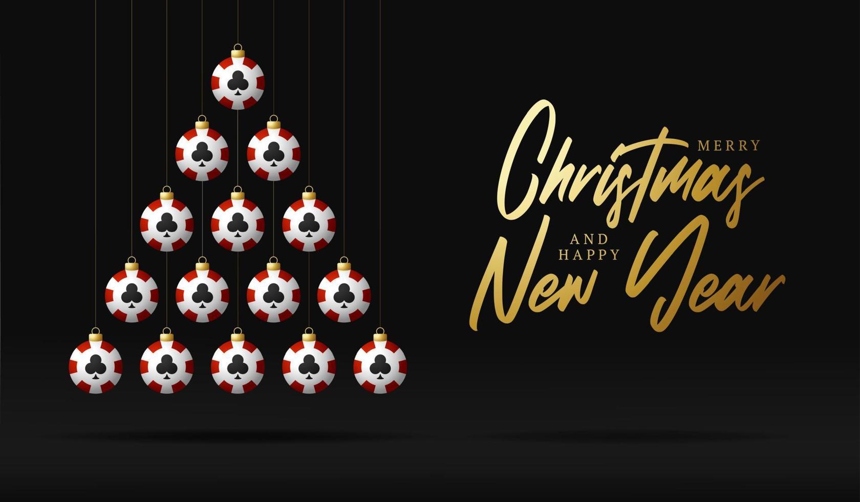 jul och nyår gratulationskort kasino chip grannlåt träd. kreativt julgran gjord av pokerchip på svart bakgrund för jul- och nyårsfirande. sport gratulationskort vektor