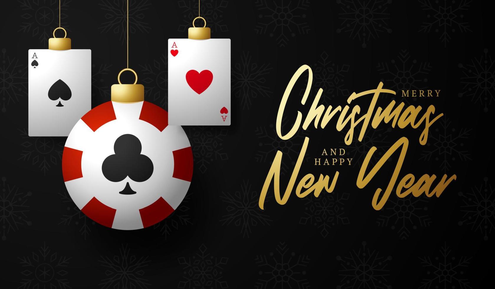 Poker-Weihnachtskarte. frohe weihnachten sportgrußkarte. Hängen Sie an einem Thread-Poker-Chip als Weihnachtskugel und goldener Kugel auf schwarzem Hintergrund. Sport-Vektor-Illustration. vektor