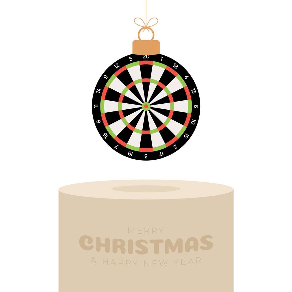 Dart Christbaumkugel Sockel. frohe weihnachten sportgrußkarte. Hängen Sie an einer Faden-Dartscheibe als Weihnachtskugel auf goldenem Podium auf schwarzem Hintergrund. Sport-Vektor-Illustration. vektor