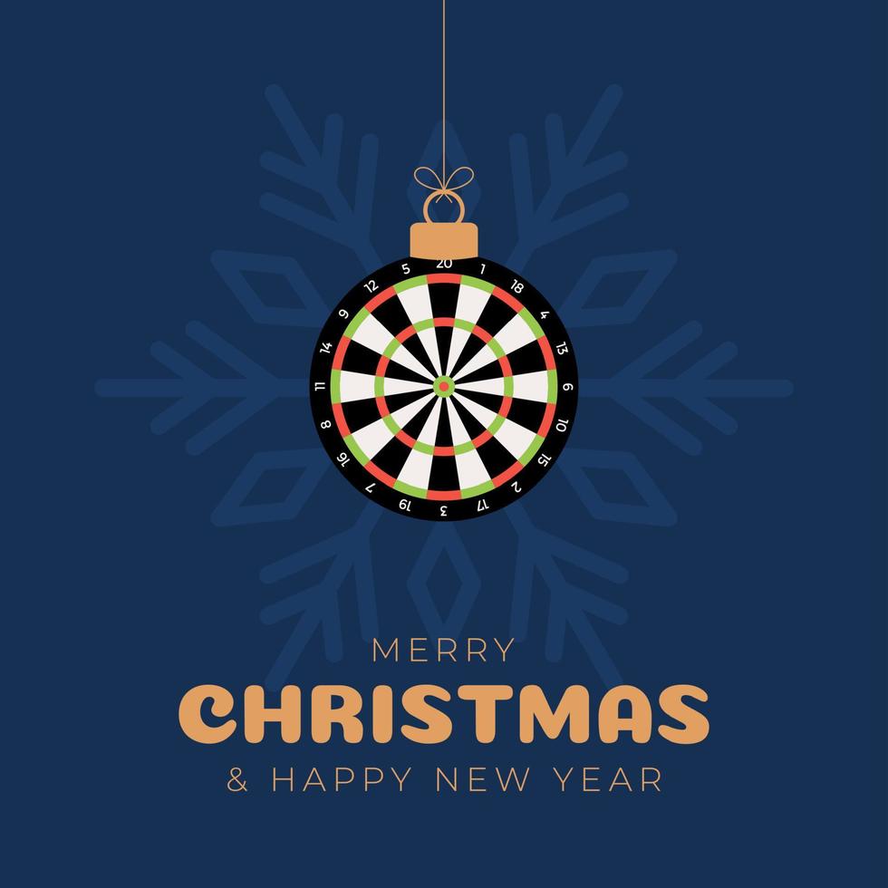 Dart-Weihnachtskarte. frohe weihnachten sportgrußkarte. Hängen Sie an einer Faden-Dartscheibe als Weihnachtskugel und goldener Kugel auf schwarzem Hintergrund. Sport-Vektor-Illustration. vektor