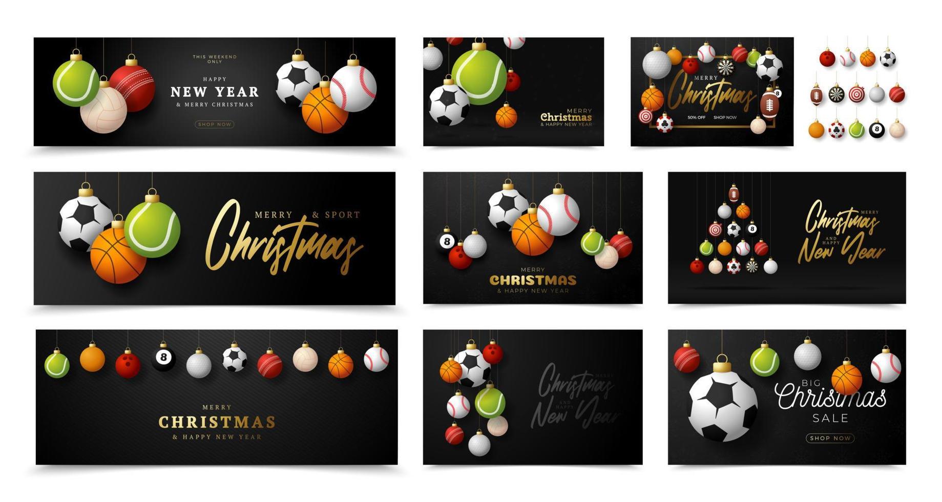 Sport-Weihnachten und ein glückliches neues Jahr-Luxus-Banner-Set. Sammlung von Weihnachtsgrußkarten mit Sportball als Weihnachtsball auf schwarzem Hintergrund. Vektorillustrationssatz vektor