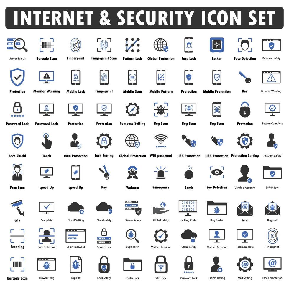 internet och säkerhet ikonuppsättning svart med blått vektor