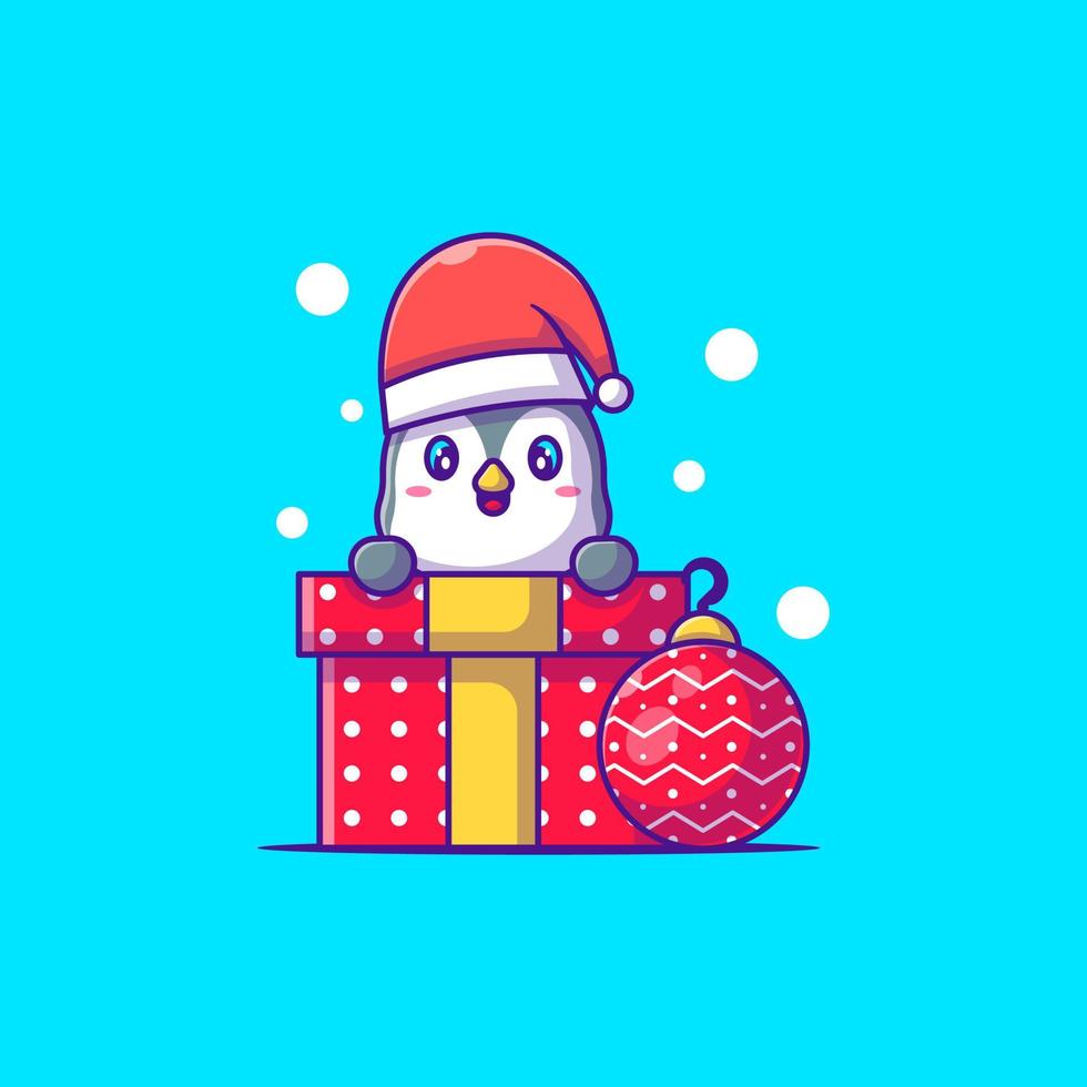 süße Illustration eines glücklichen Pinguins mit Weihnachtsgeschenk Frohe Weihnachten vektor