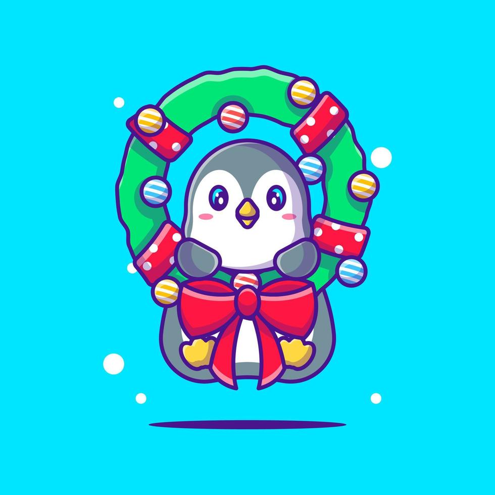 Illustration eines süßen Pinguins mit Weihnachtskränzen. frohe Weihnachten vektor