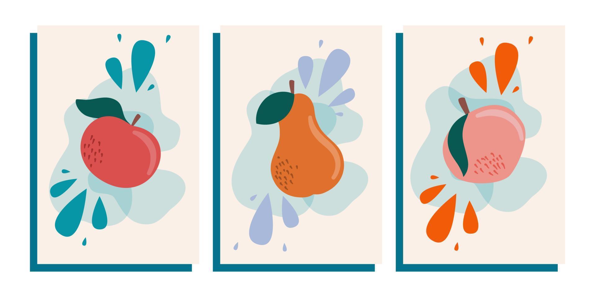 trendiga abstrakt affisch stilleben med frukt. samling av samtida konst. abstrakta geometriska element, former för sociala nätverk med äpple, päron och persika. vektor