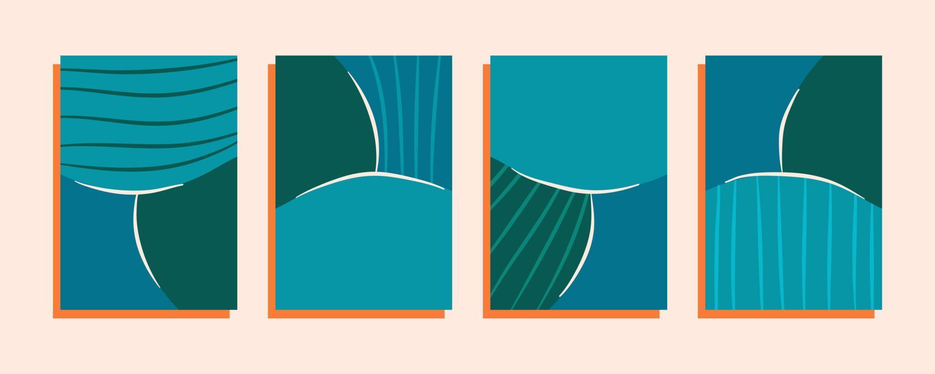 en uppsättning minimalistiska affischer med ränder. runda former och linjer på orange substrat. vektor illustration av abstrakta omslag och mallar.