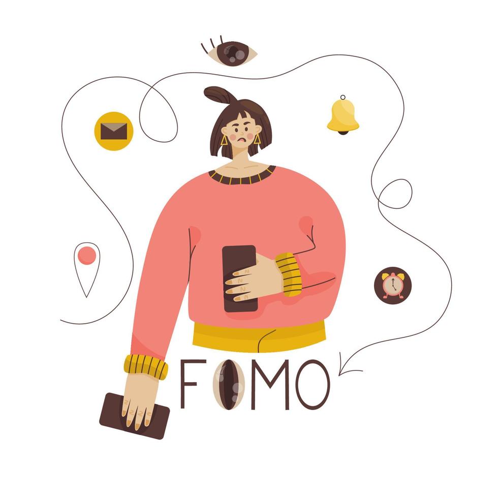 fomo-Konzept. Mädchen hält das Telefon in beiden Händen, er hat Angst, wichtige Informationen zu verpassen. Anbindung an soziale Medien und temporäre Inhalte. vektor