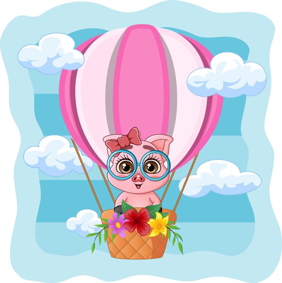 süßes kleines Schwein fliegt in einem Heißluftballon vektor